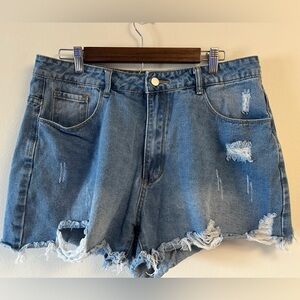 SHEIN EZwear Curve High Waist Ripped Raw Trim Denim Shorts Size 14 1XL
